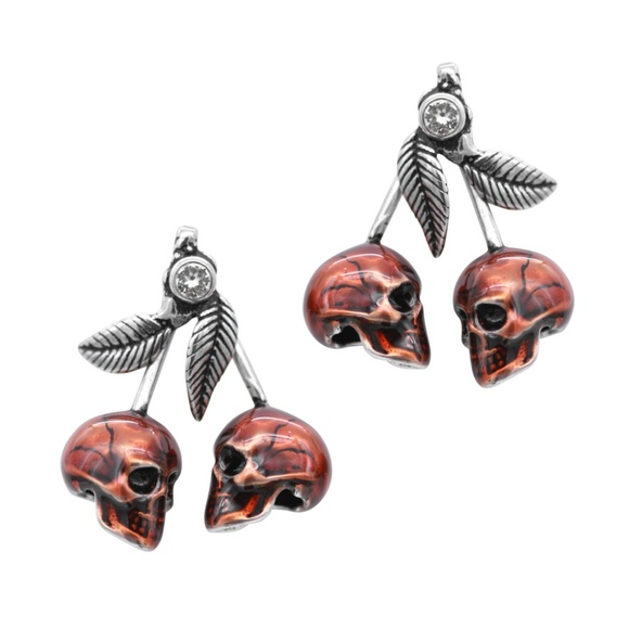 Jewelry - Red Cherry Skulls Punk Earrings Pair Studs SST NWT in Pouch